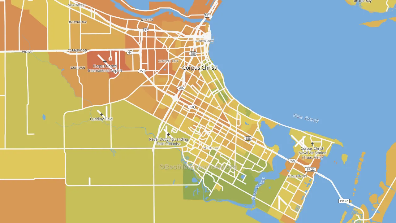 Map of the best neighborhoods in the Corpus Christi Metro area, with better matches in green and worse matches in red