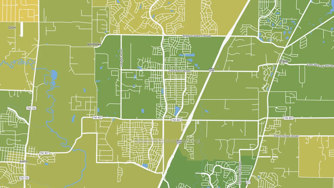 Map of the best neighborhoods in the Corral City area, with better matches in green and worse matches in red