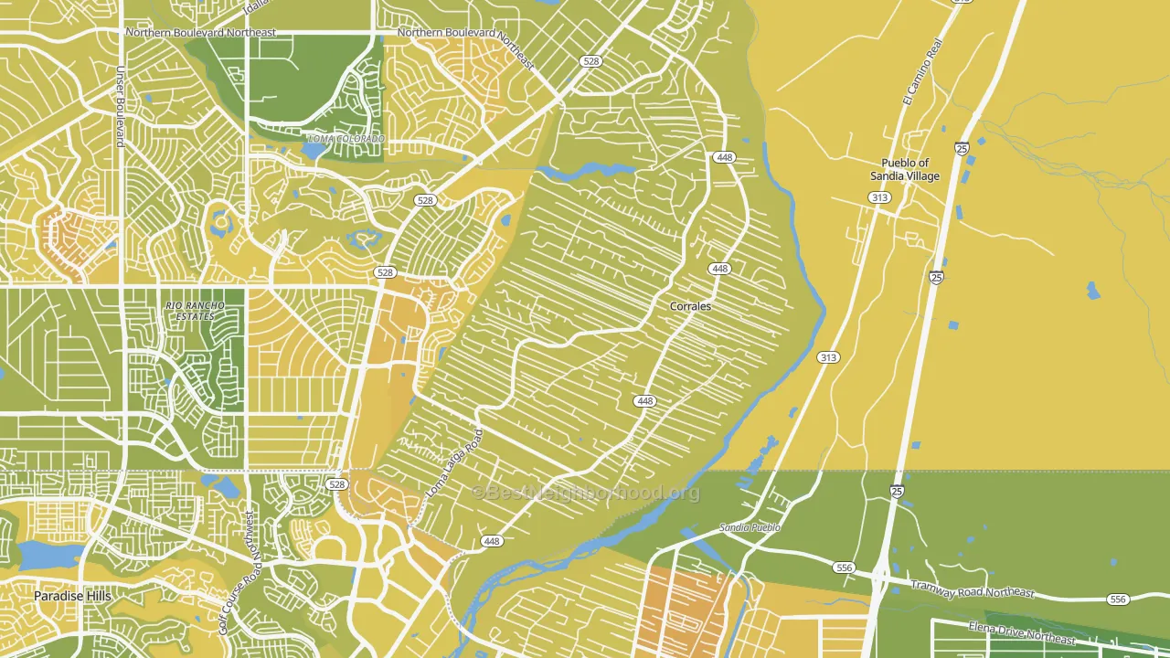 Map of the best neighborhoods in the Corrales area, with better matches in green and worse matches in red