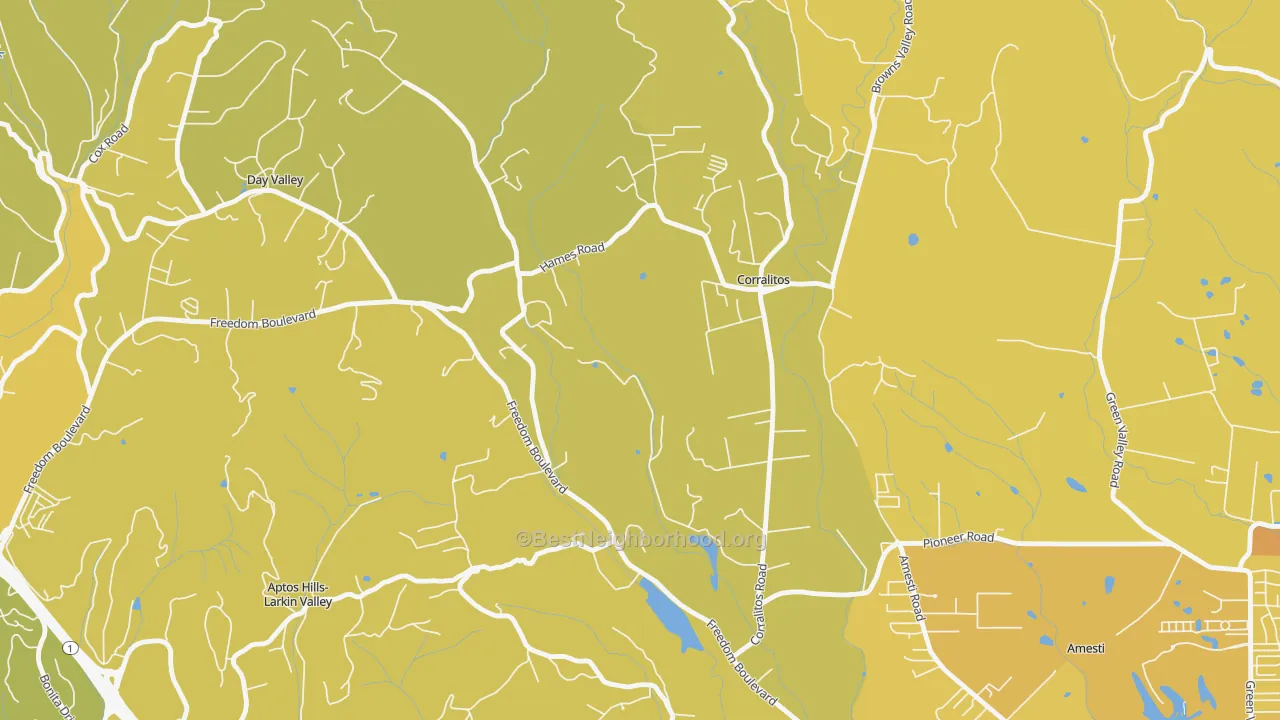 Map of the best neighborhoods in the Corralitos area, with better matches in green and worse matches in red