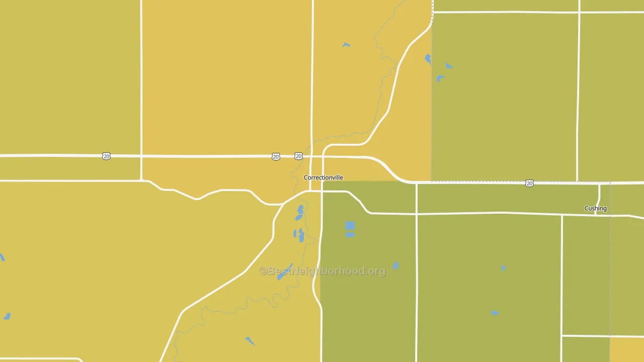 Map of the best neighborhoods in the Correctionville area, with better matches in green and worse matches in red