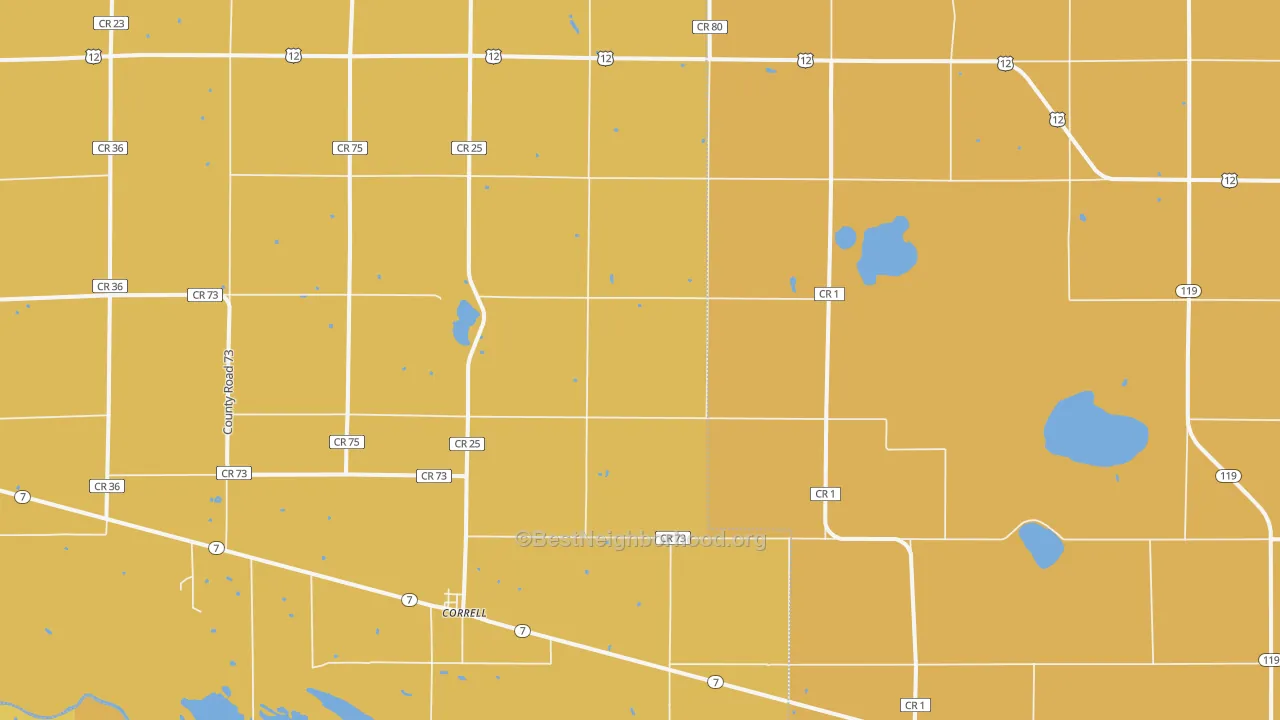 Map of the best neighborhoods in the Correll area, with better matches in green and worse matches in red