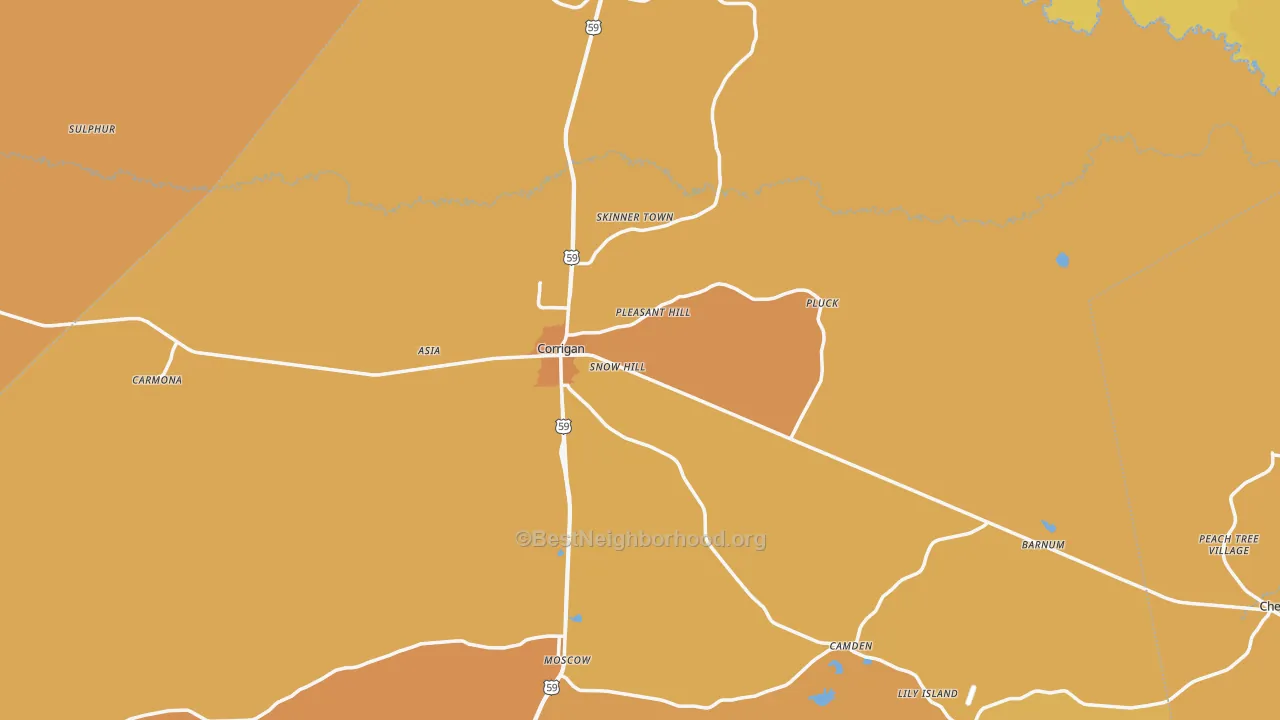Map of the best neighborhoods in the Corrigan area, with better matches in green and worse matches in red
