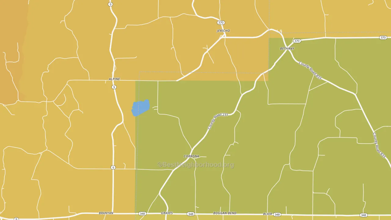 Map of the best neighborhoods in the Corrona area, with better matches in green and worse matches in red
