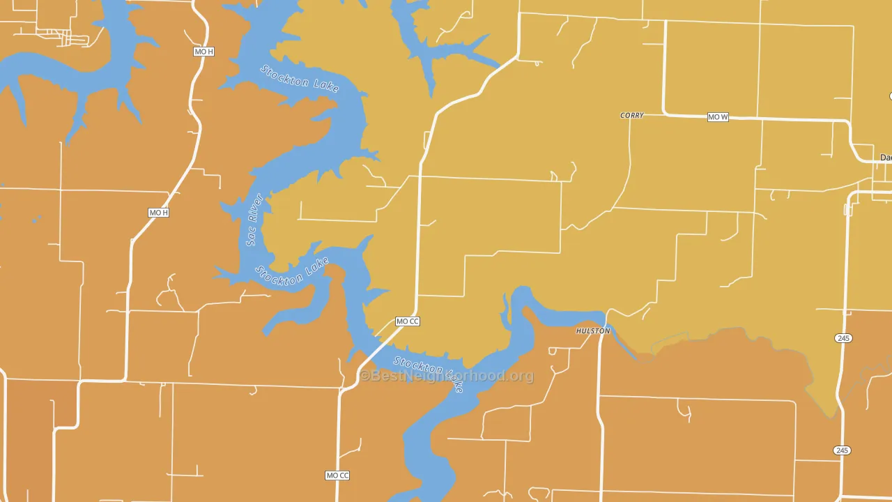 Map of the best neighborhoods in the Corry area, with better matches in green and worse matches in red