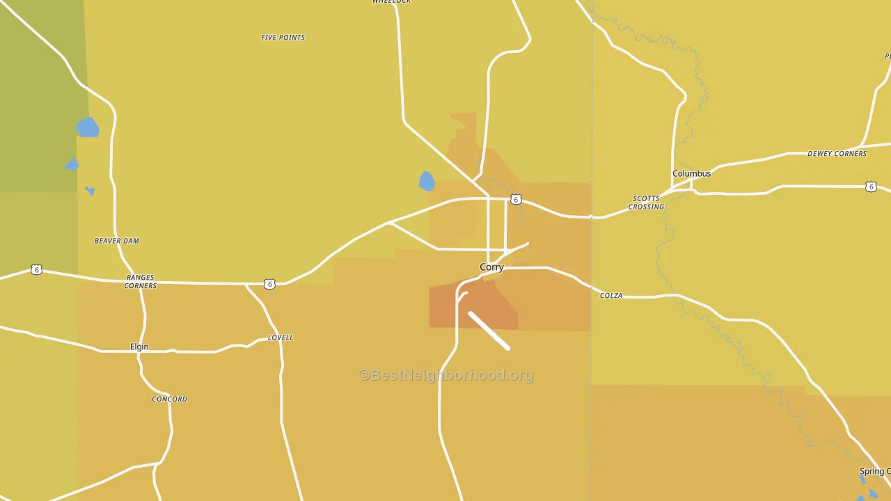 Map of the best neighborhoods in the Corry area, with better matches in green and worse matches in red