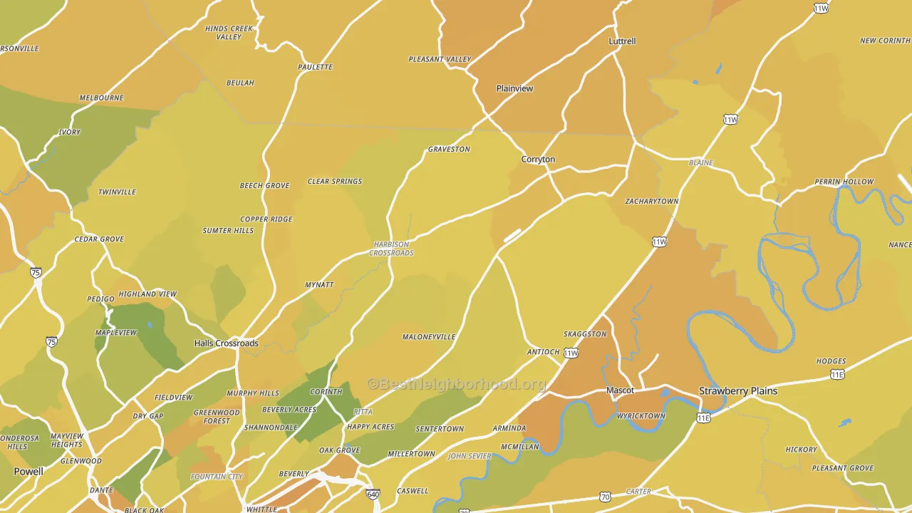 Map of the best neighborhoods in the Corryton area, with better matches in green and worse matches in red