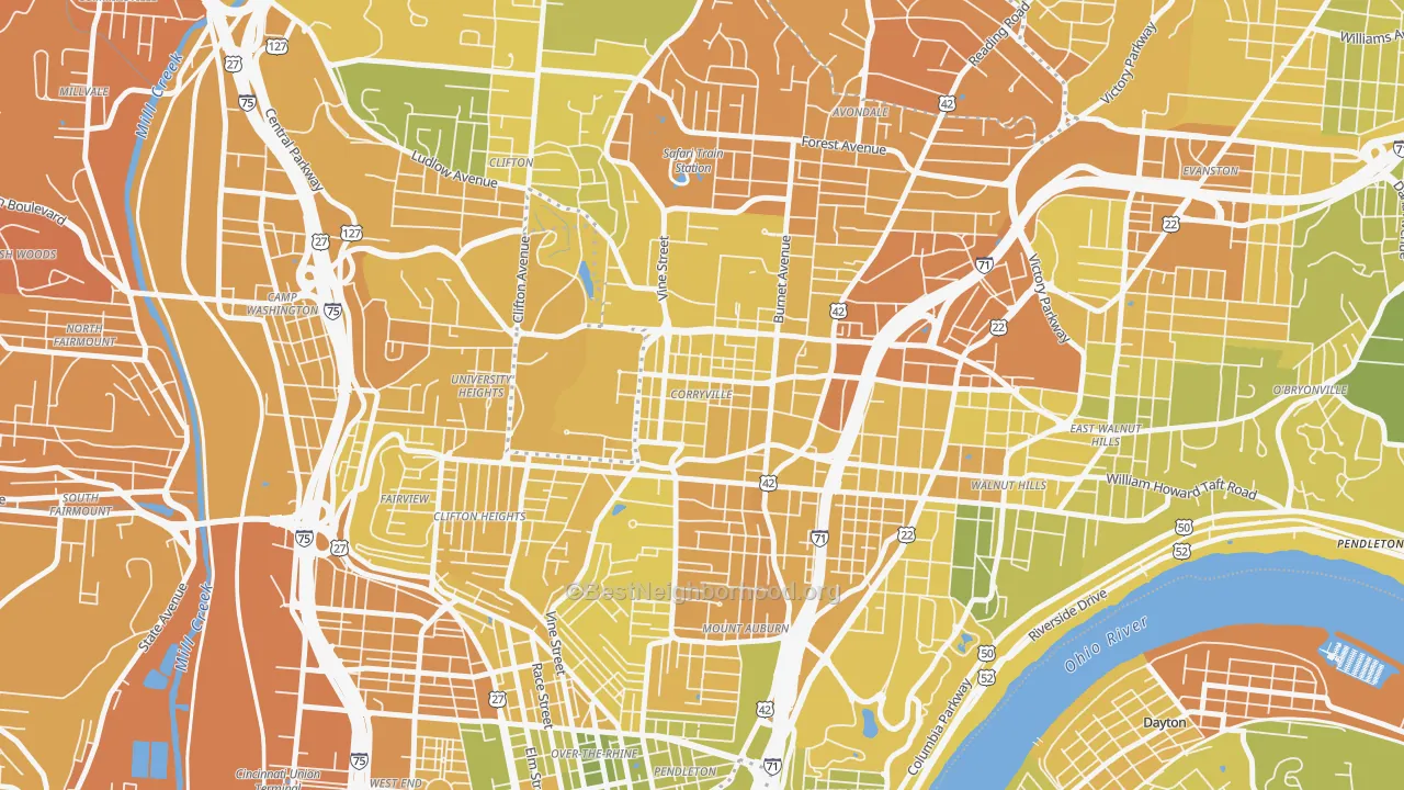 Map of the best neighborhoods in the Corryville, Cincinnati area, with better matches in green and worse matches in red
