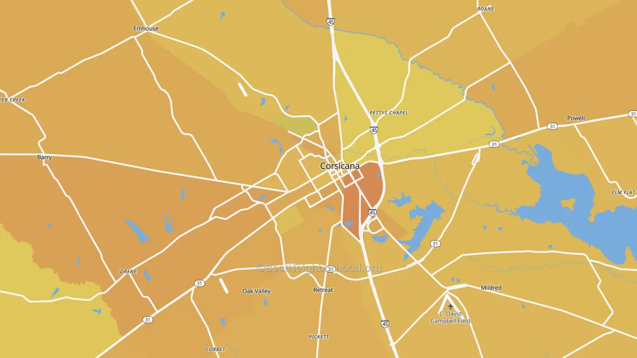 Map of the best neighborhoods in the Corsicana area, with better matches in green and worse matches in red