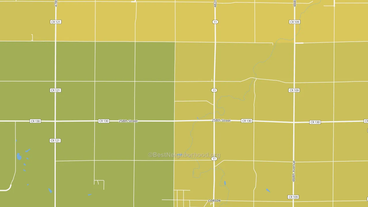 Map of the best neighborhoods in the Corson area, with better matches in green and worse matches in red