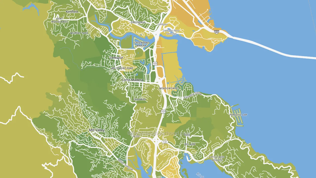 Map of the best neighborhoods in the Corte Madera area, with better matches in green and worse matches in red