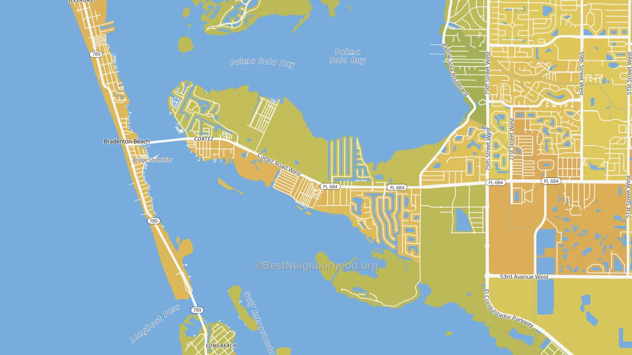 Map of the best neighborhoods in the Cortez, Bradenton area, with better matches in green and worse matches in red