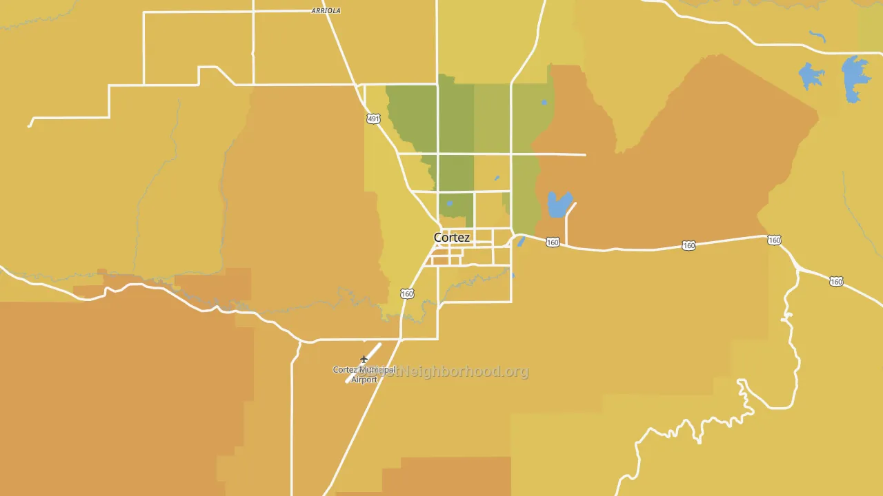 Map of the best neighborhoods in the Cortez area, with better matches in green and worse matches in red