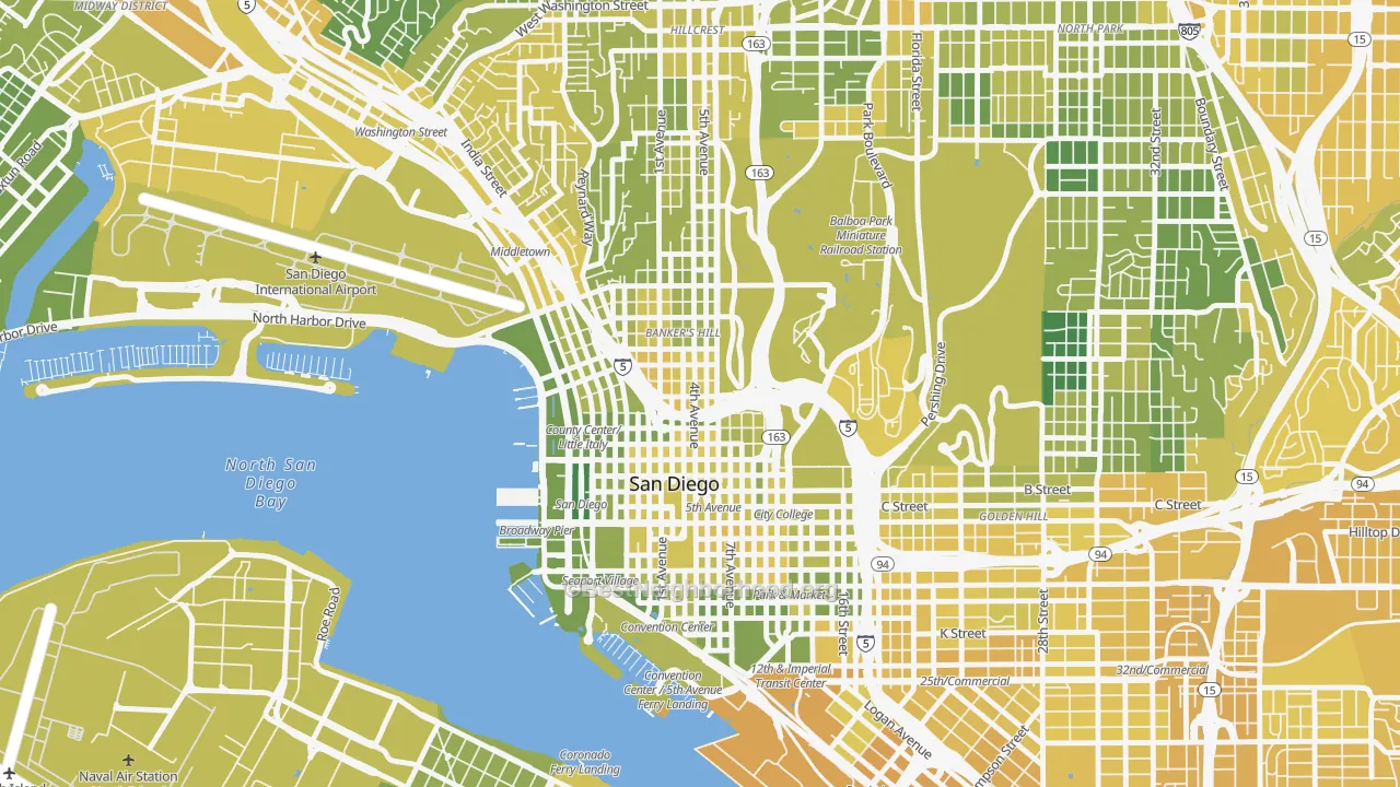 Map of the best neighborhoods in the Cortez Hill, San Diego area, with better matches in green and worse matches in red