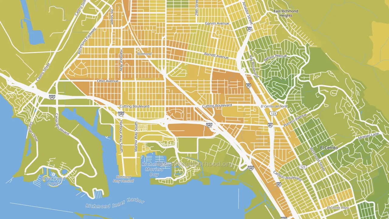 Map of the best neighborhoods in the Cortez-Stege, Richmond area, with better matches in green and worse matches in red
