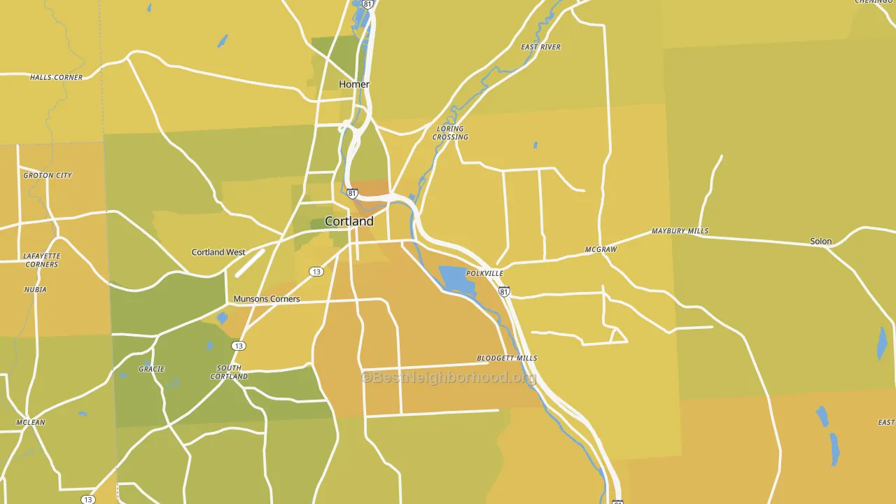 Map of the best neighborhoods in the Cortland County area, with better matches in green and worse matches in red