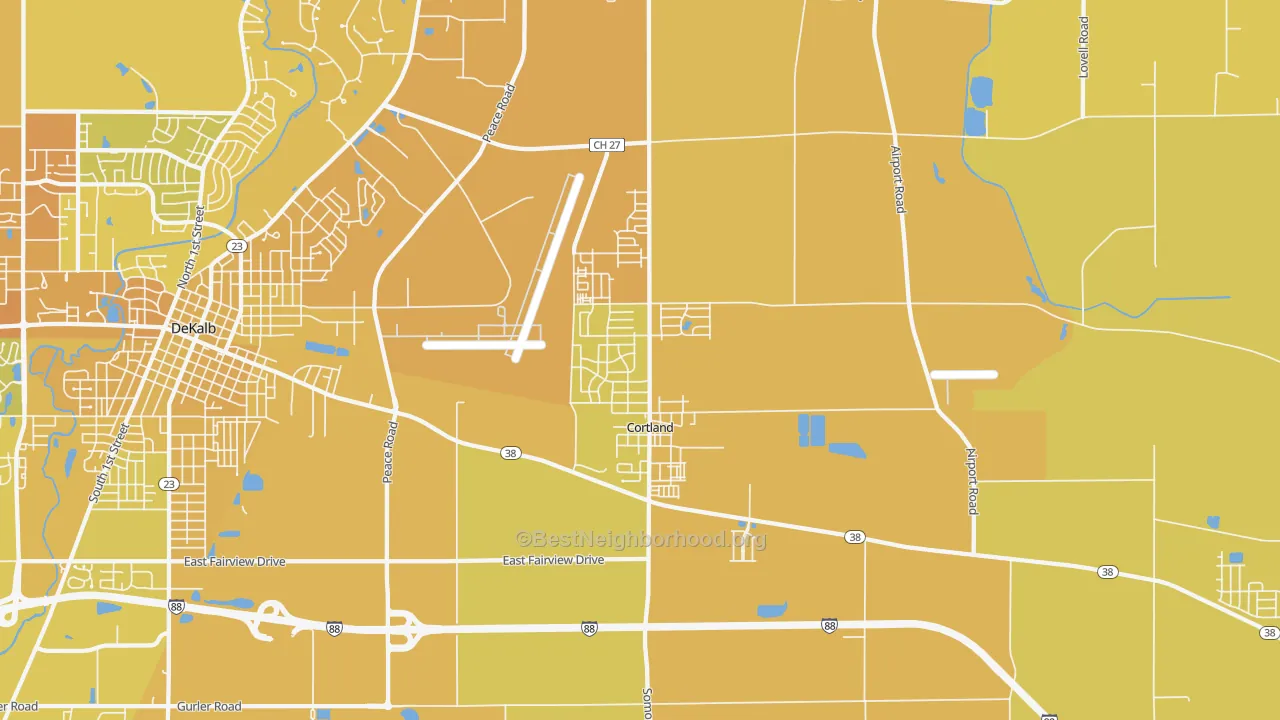 Map of the best neighborhoods in the Cortland area, with better matches in green and worse matches in red
