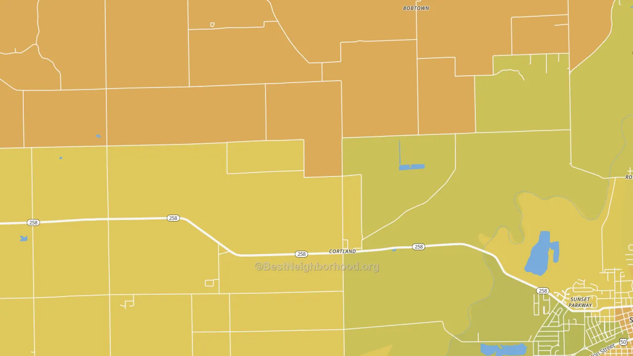 Map of the best neighborhoods in the Cortland area, with better matches in green and worse matches in red