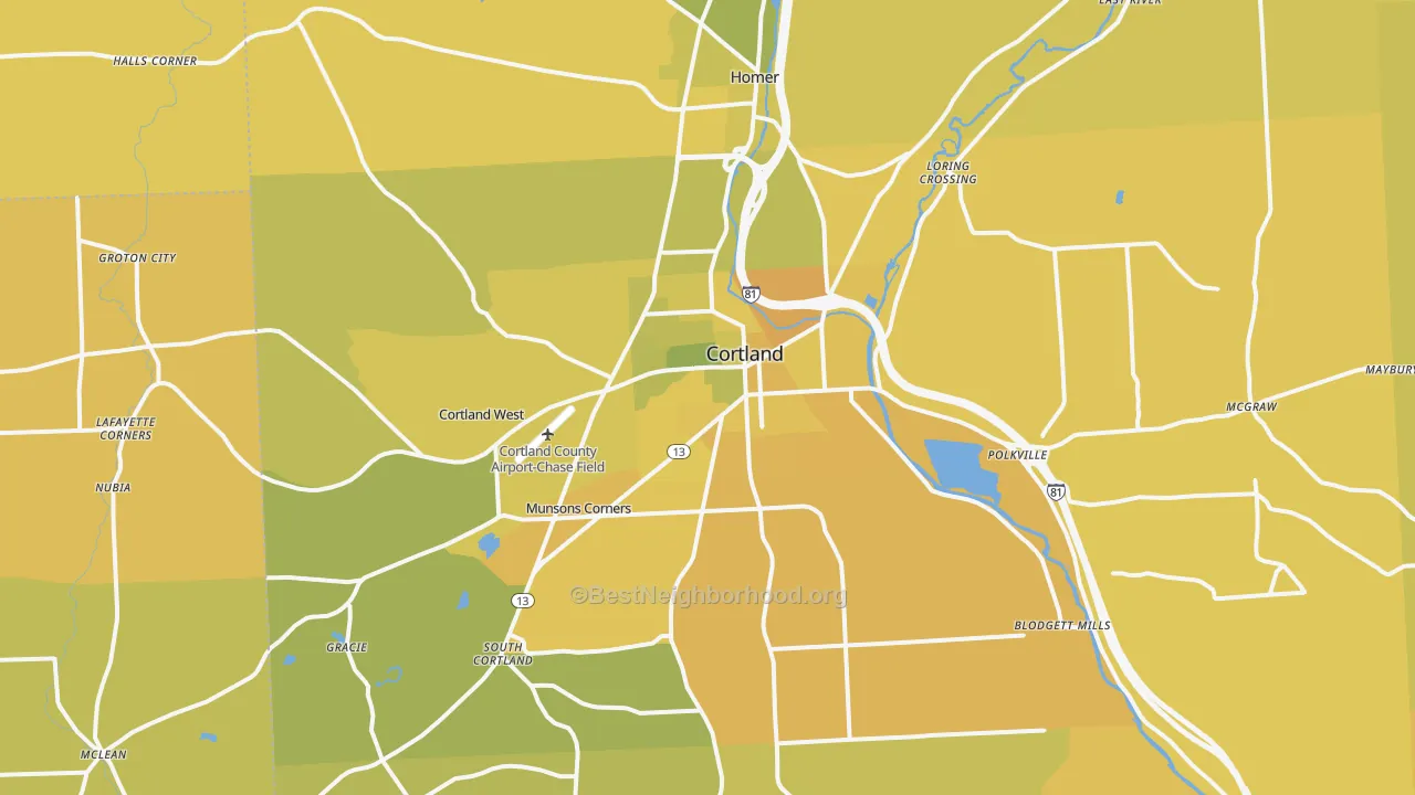 Map of the best neighborhoods in the Cortland area, with better matches in green and worse matches in red