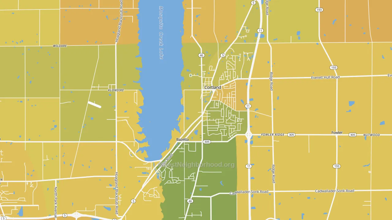Map of the best neighborhoods in the Cortland area, with better matches in green and worse matches in red