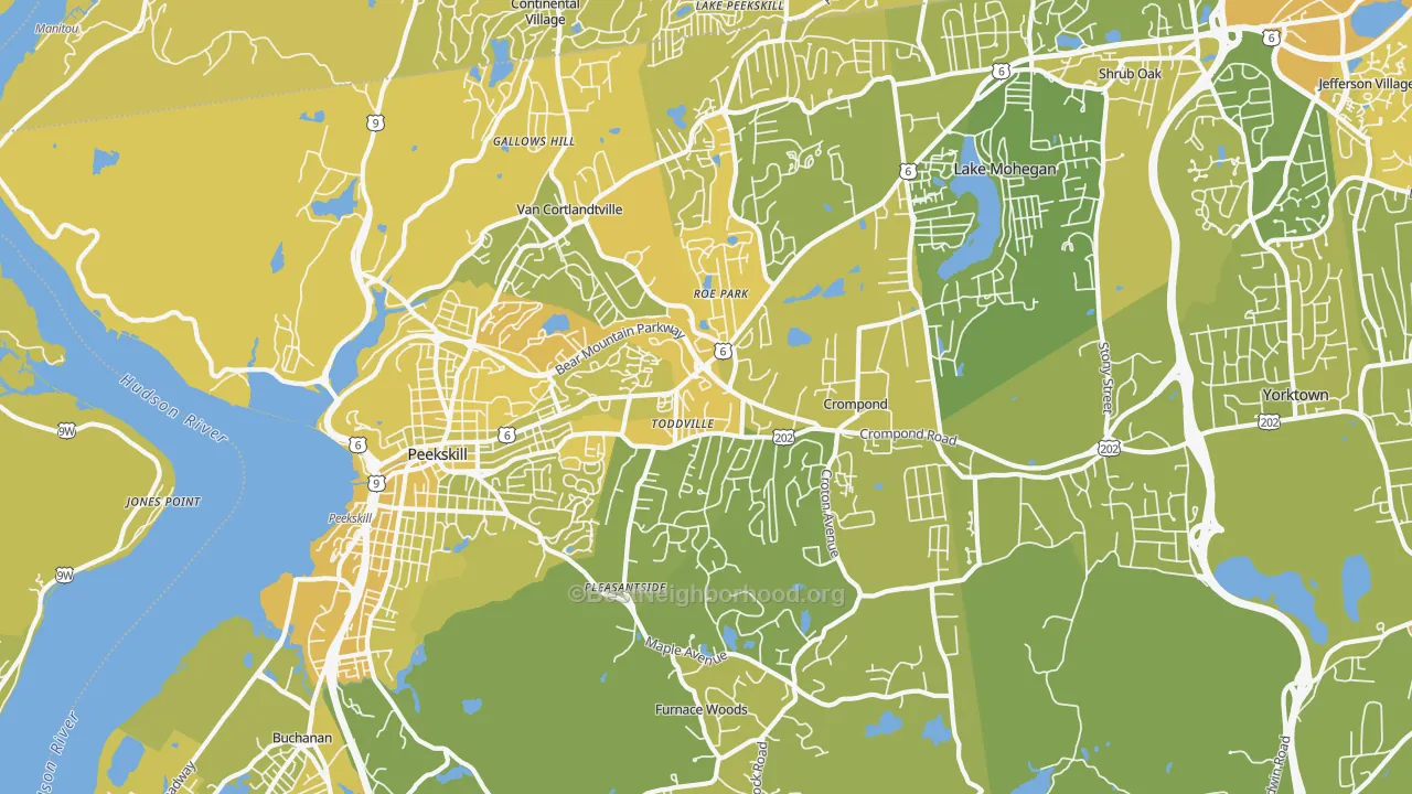 Map of the best neighborhoods in the Cortlandt Manor area, with better matches in green and worse matches in red