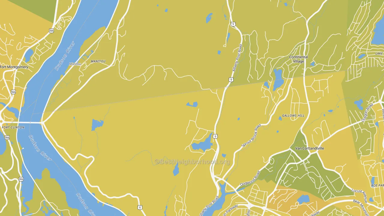Map of the best neighborhoods in the Cortlandt area, with better matches in green and worse matches in red