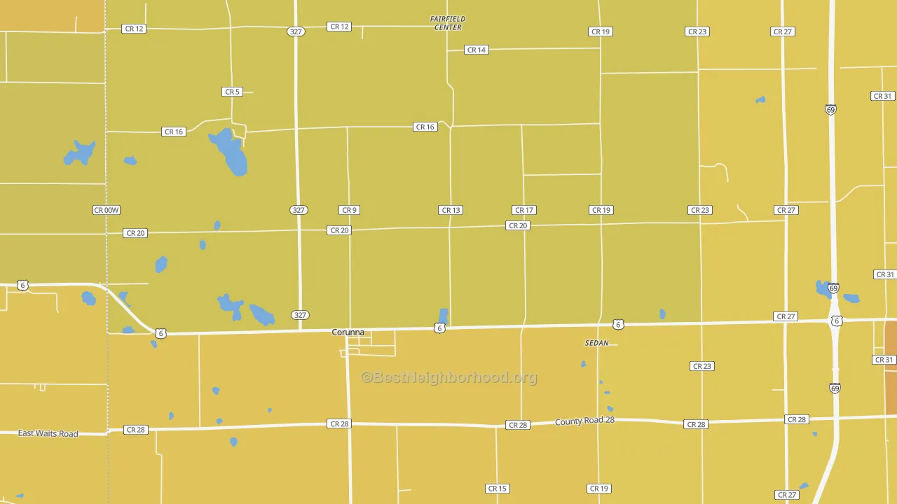 Map of the best neighborhoods in the Corunna area, with better matches in green and worse matches in red