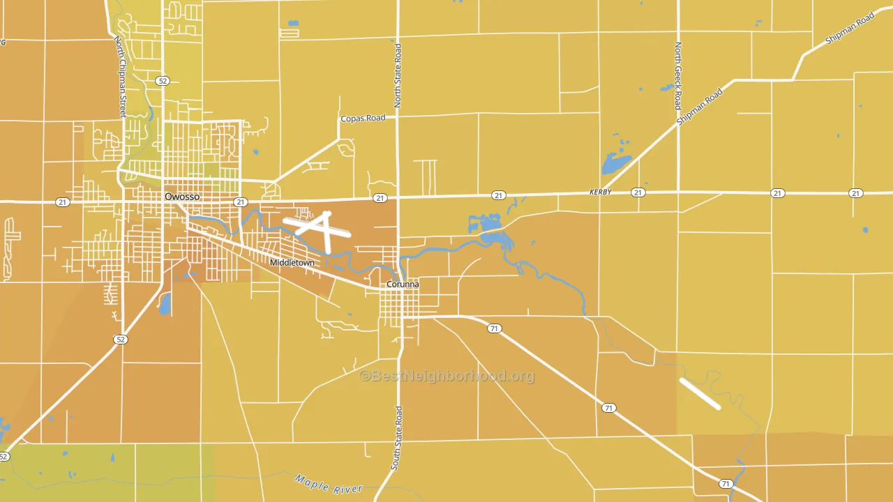 Map of the best neighborhoods in the Corunna area, with better matches in green and worse matches in red