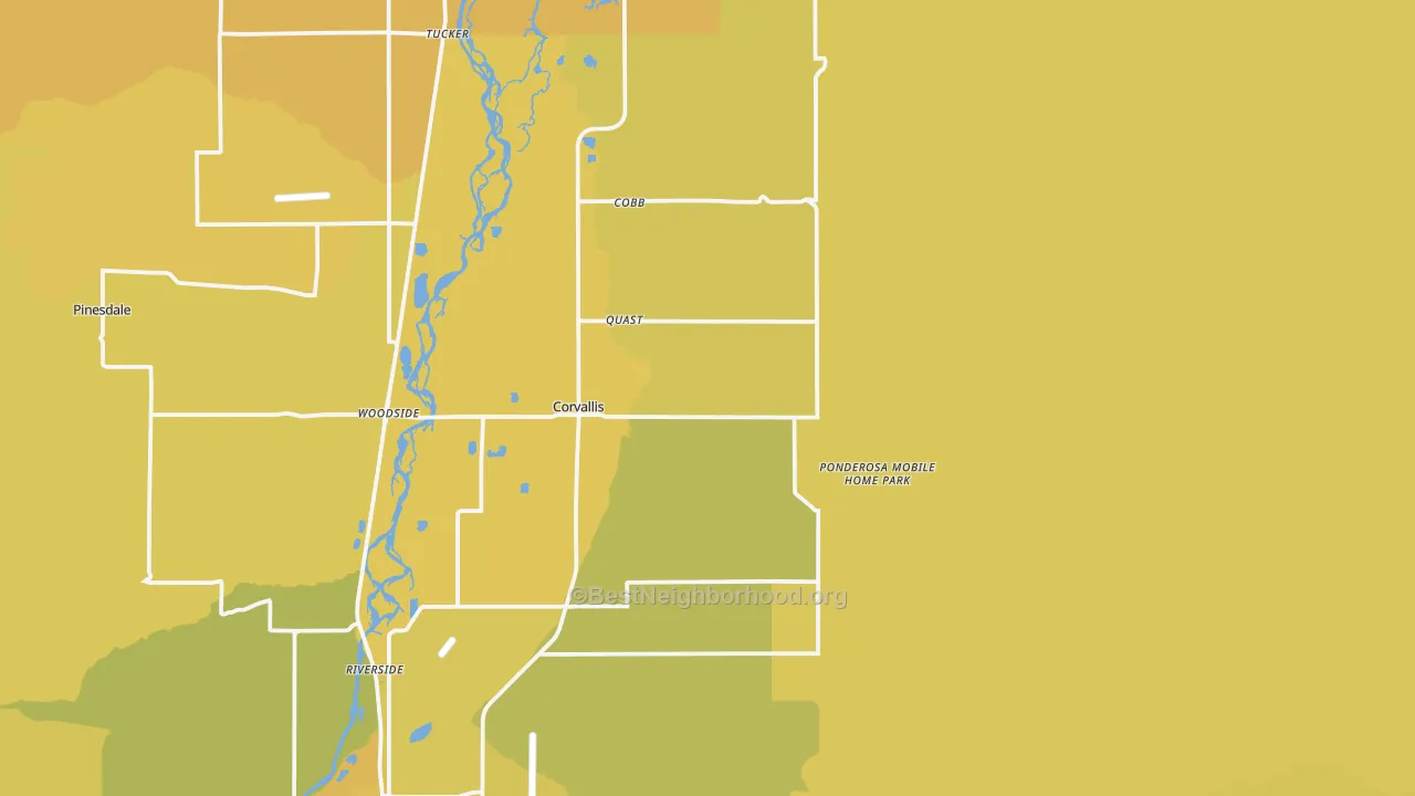 Map of the best neighborhoods in the Corvallis area, with better matches in green and worse matches in red