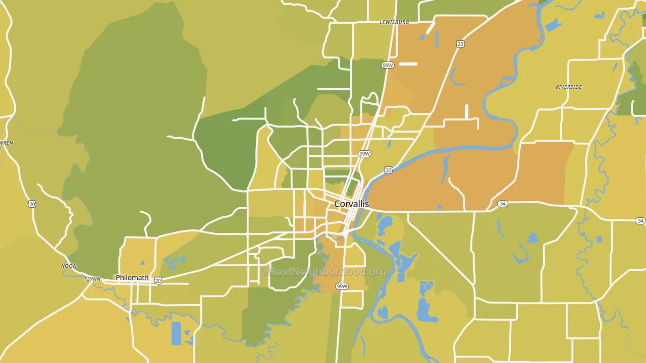 Map of the best neighborhoods in the Corvallis Metro area, with better matches in green and worse matches in red