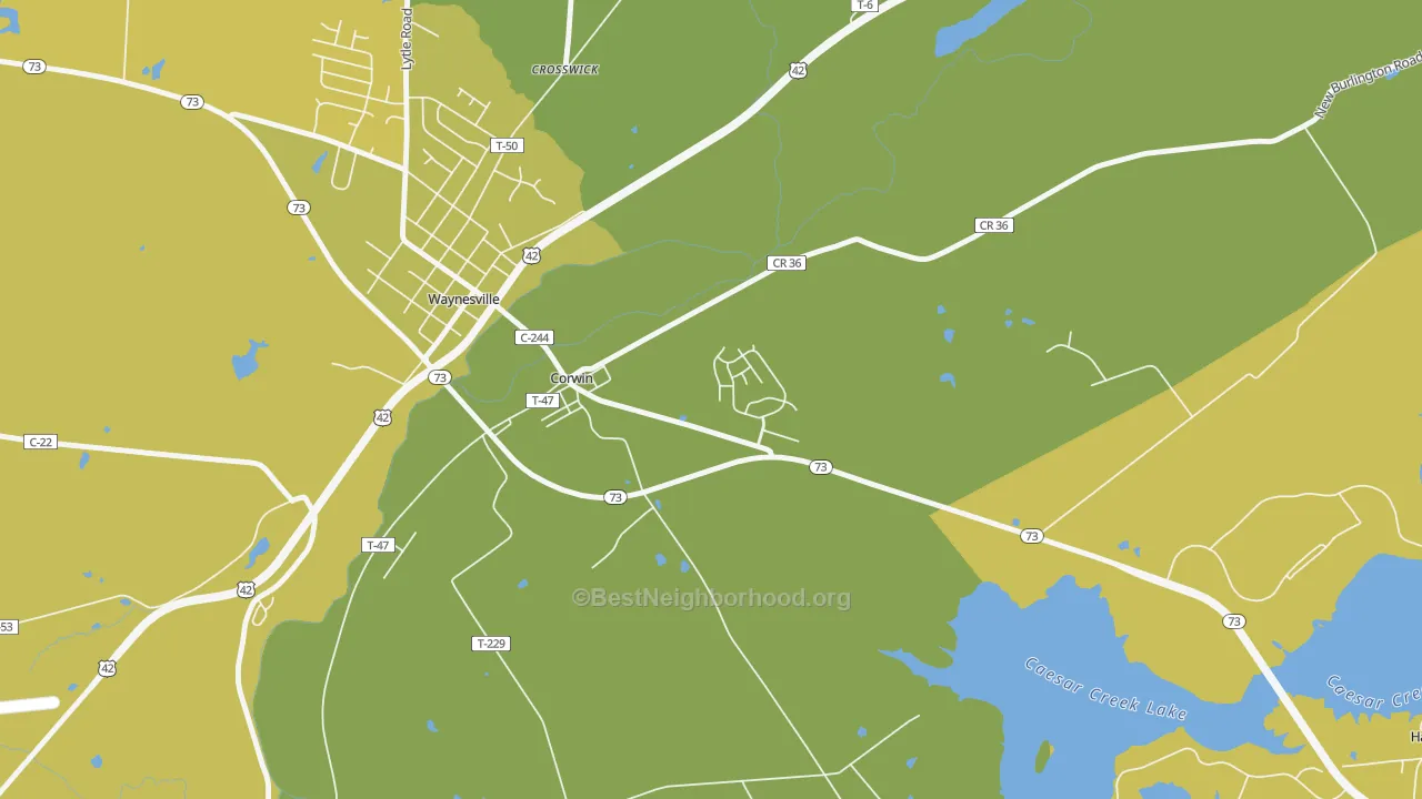 Map of the best neighborhoods in the Corwin area, with better matches in green and worse matches in red
