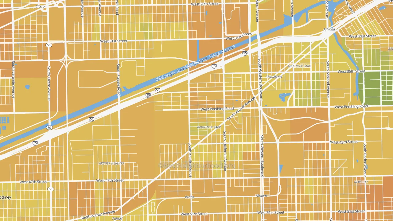 Map of the best neighborhoods in the Corwith, Chicago area, with better matches in green and worse matches in red