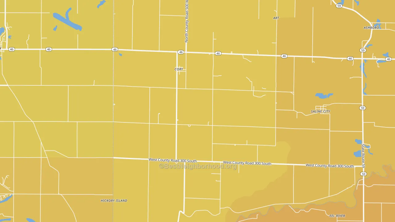 Map of the best neighborhoods in the Cory area, with better matches in green and worse matches in red