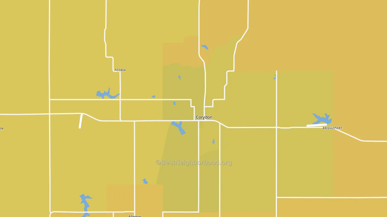 Map of the best neighborhoods in the Corydon area, with better matches in green and worse matches in red