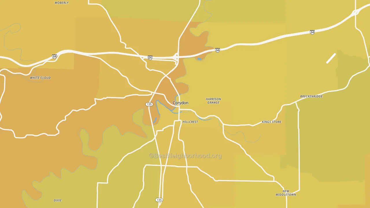 Map of the best neighborhoods in the Corydon area, with better matches in green and worse matches in red