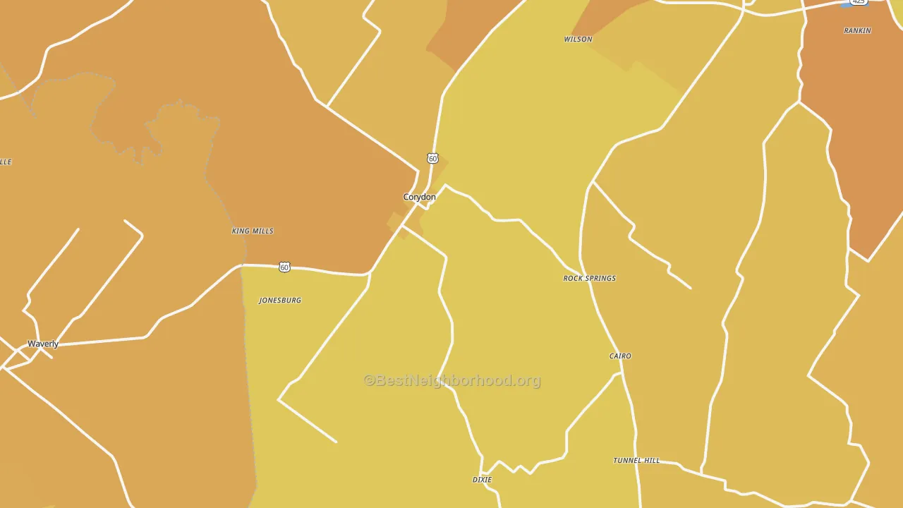 Map of the best neighborhoods in the Corydon area, with better matches in green and worse matches in red