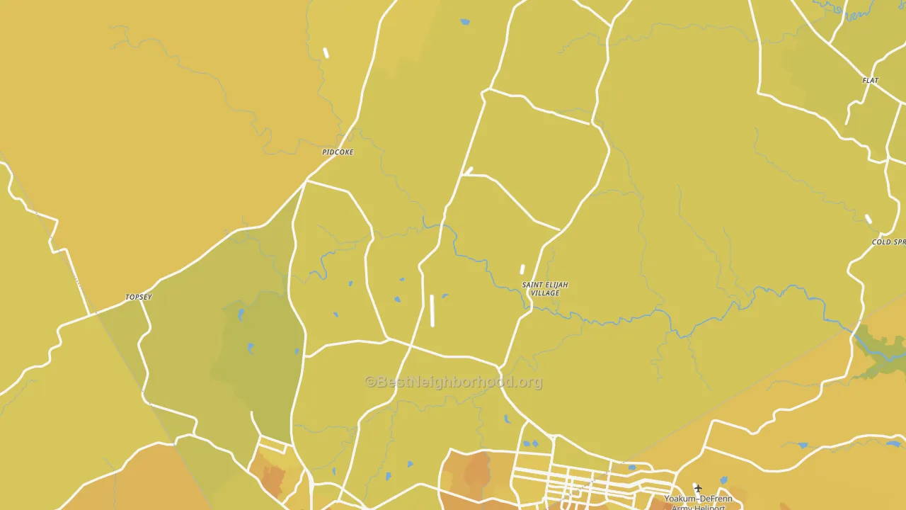 Map of the best neighborhoods in the Coryell County area, with better matches in green and worse matches in red