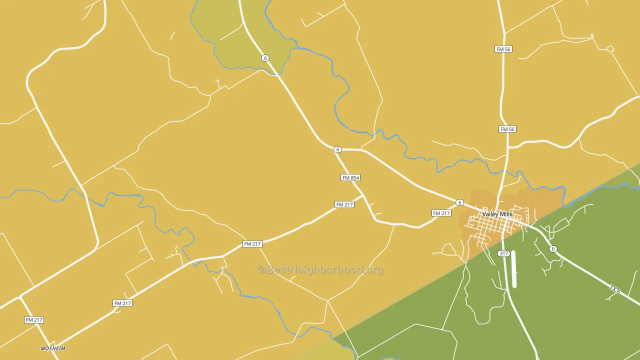 Map of the best neighborhoods in the Coryell area, with better matches in green and worse matches in red