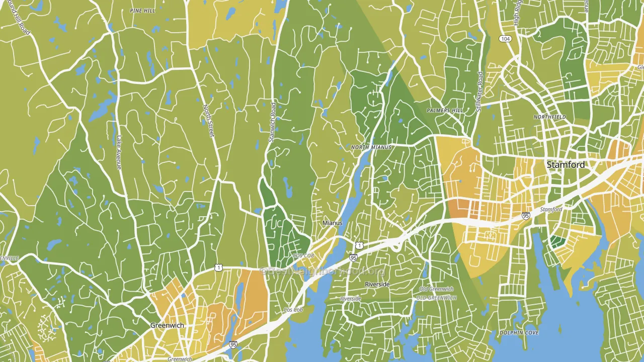 Map of the best neighborhoods in the Cos Cob area, with better matches in green and worse matches in red