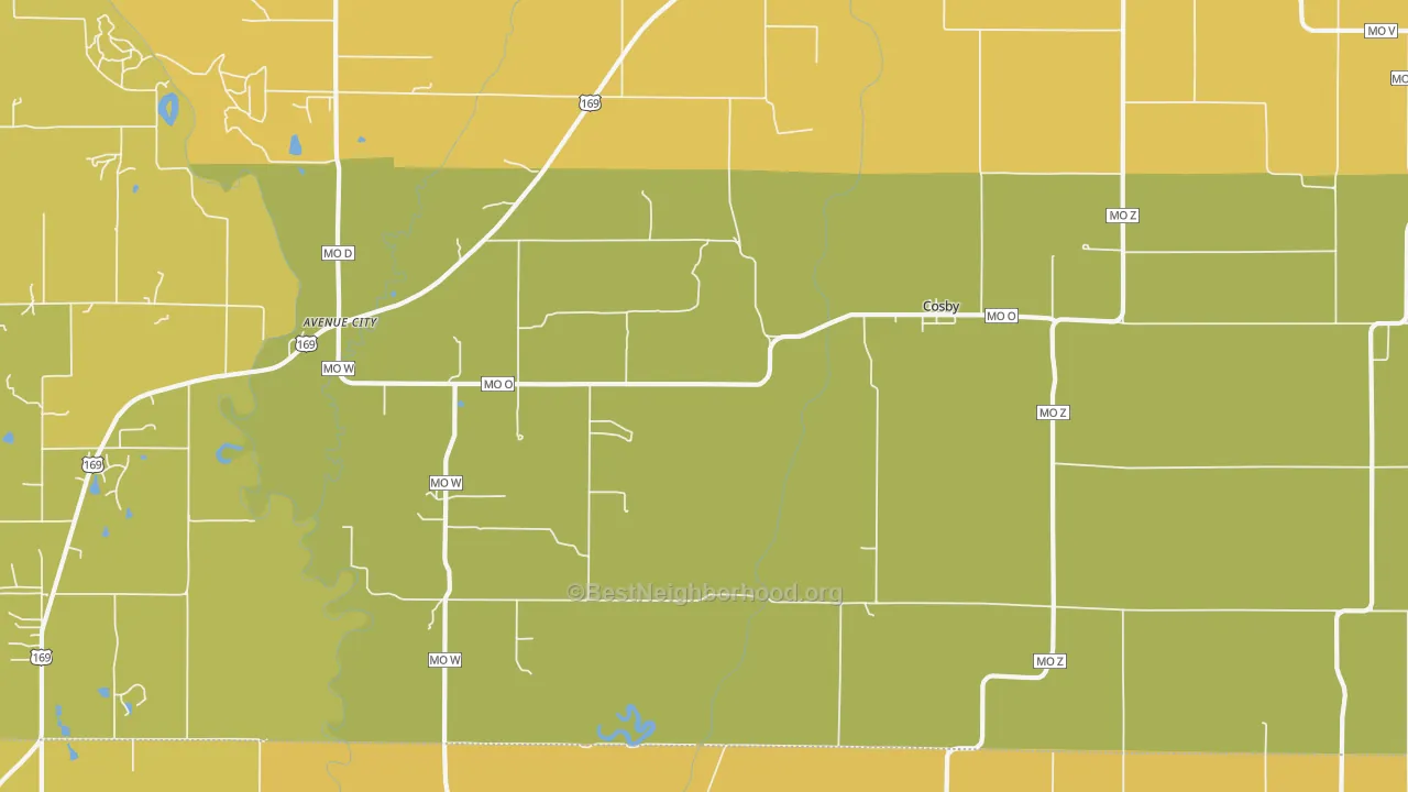 Map of the best neighborhoods in the Cosby area, with better matches in green and worse matches in red