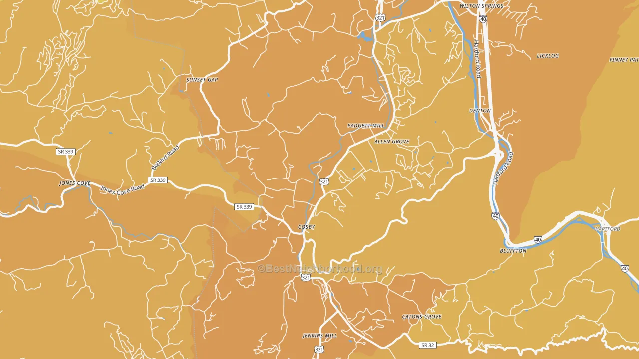 Map of the best neighborhoods in the Cosby area, with better matches in green and worse matches in red