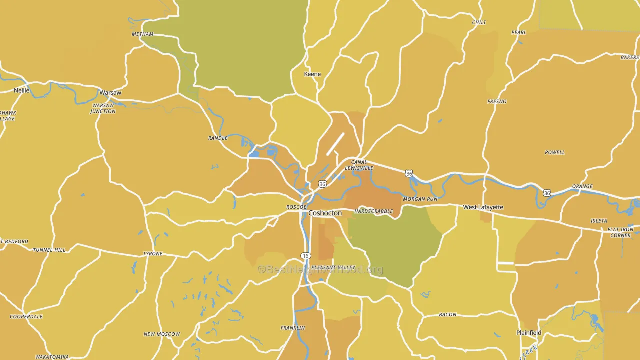 Map of the best neighborhoods in the Coshocton County area, with better matches in green and worse matches in red