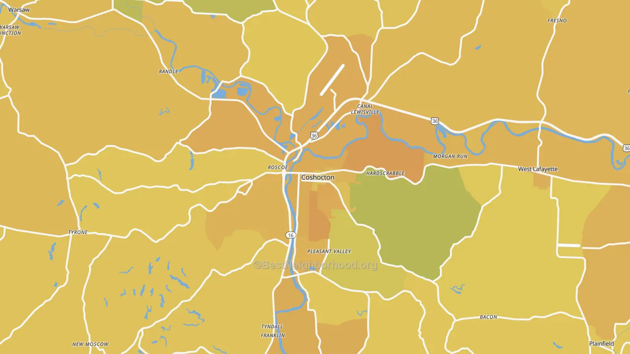 Map of the best neighborhoods in the Coshocton area, with better matches in green and worse matches in red