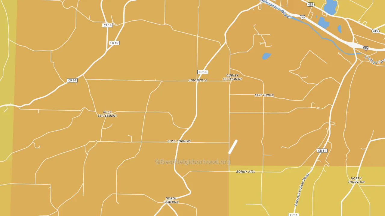 Map of the best neighborhoods in the Coss Corners area, with better matches in green and worse matches in red