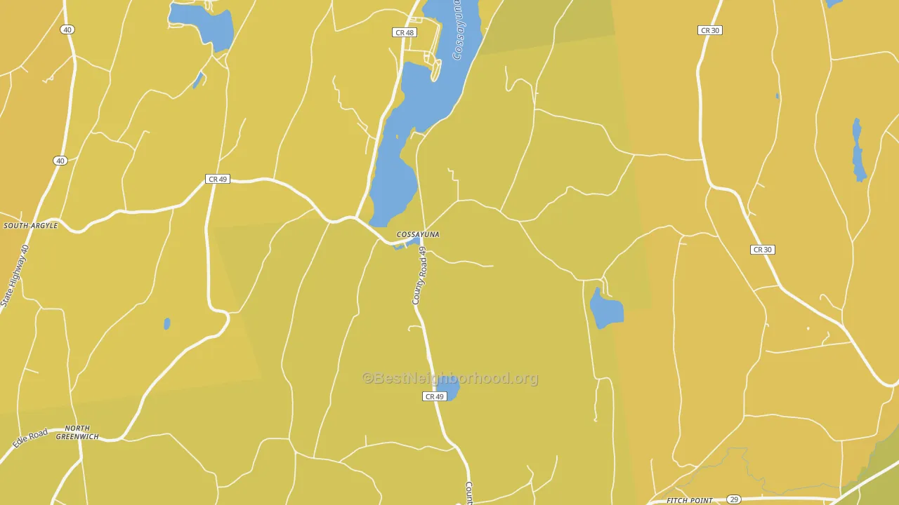 Map of the best neighborhoods in the Cossayuna area, with better matches in green and worse matches in red