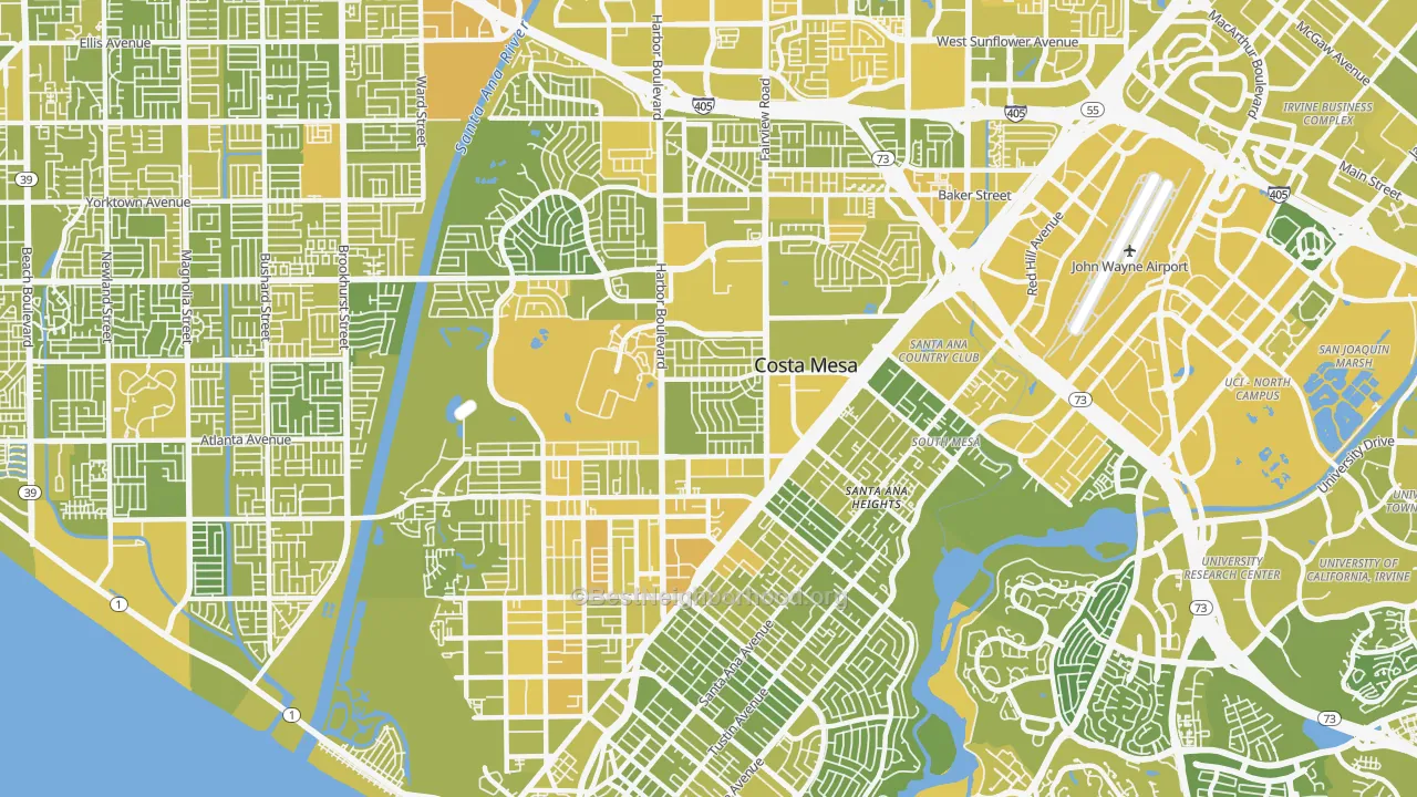 Map of the best neighborhoods in the Costa Mesa area, with better matches in green and worse matches in red