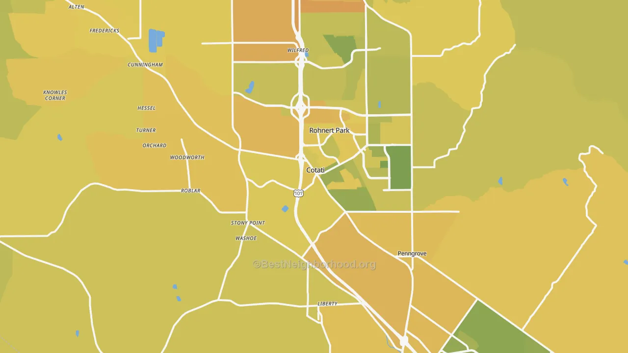 Map of the best neighborhoods in the Cotati area, with better matches in green and worse matches in red