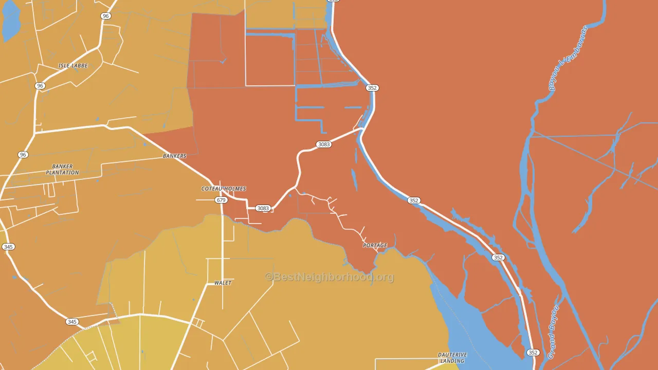 Map of the best neighborhoods in the Coteau Holmes area, with better matches in green and worse matches in red