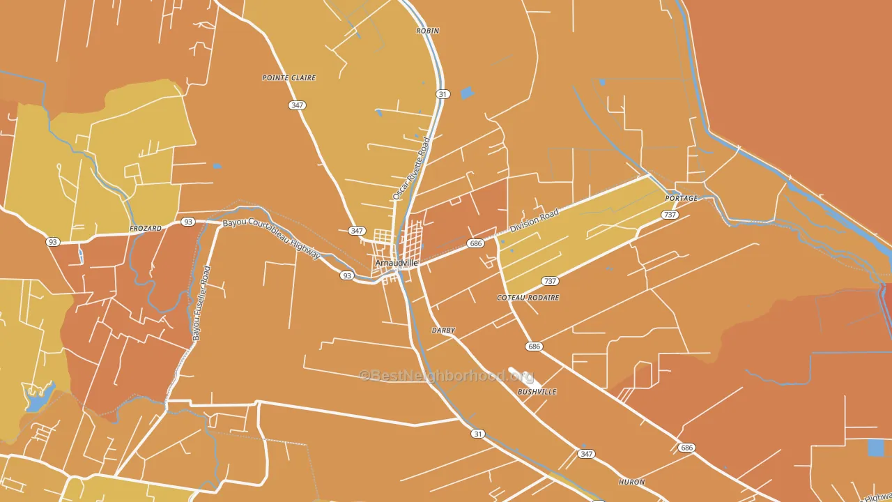 Map of the best neighborhoods in the Coteau Rodaire area, with better matches in green and worse matches in red