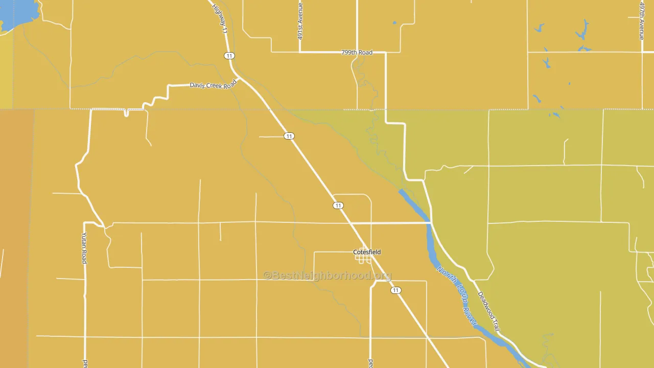 Map of the best neighborhoods in the Cotesfield area, with better matches in green and worse matches in red